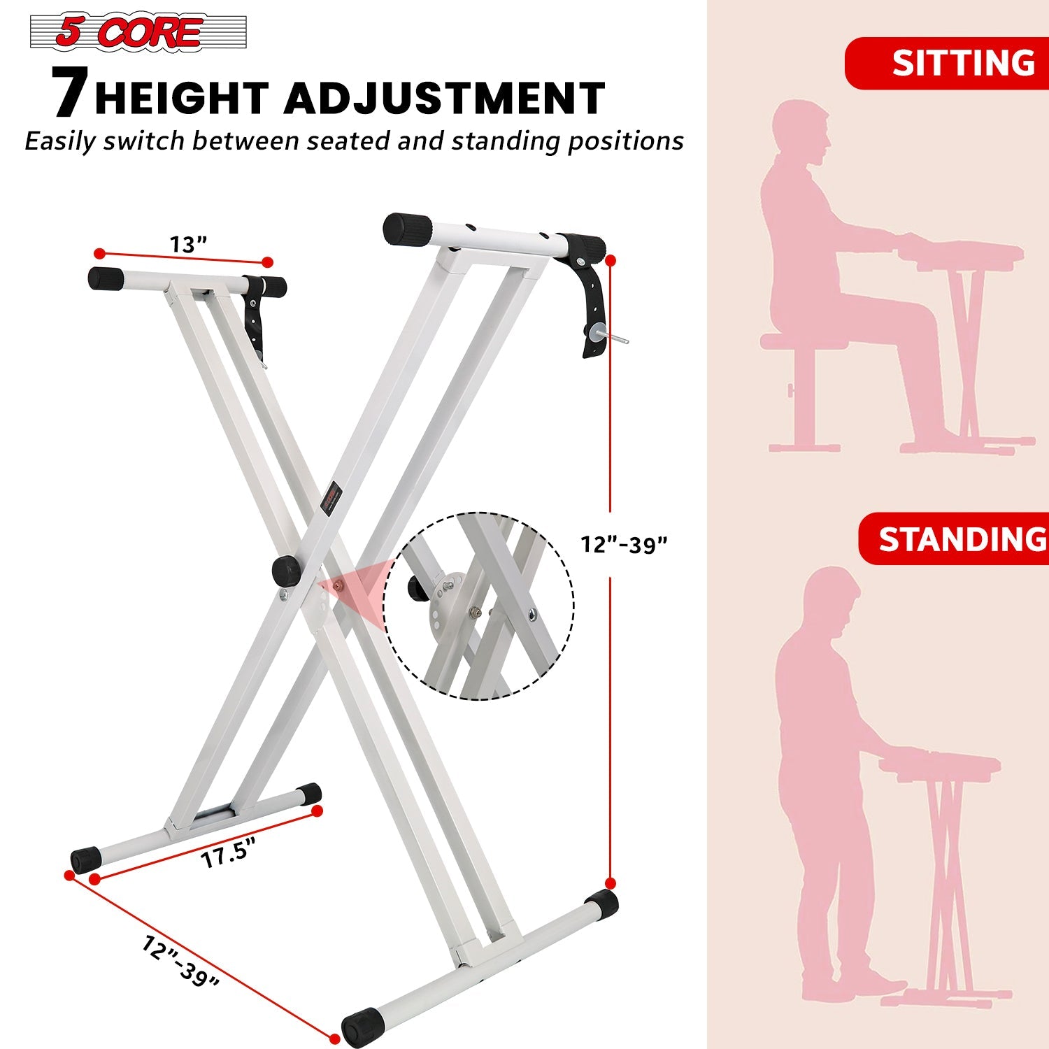 5Core Keyboard Stand Double X Style Adjustable Lift Piano Riser For 49 To 88 Keys WHITE-1